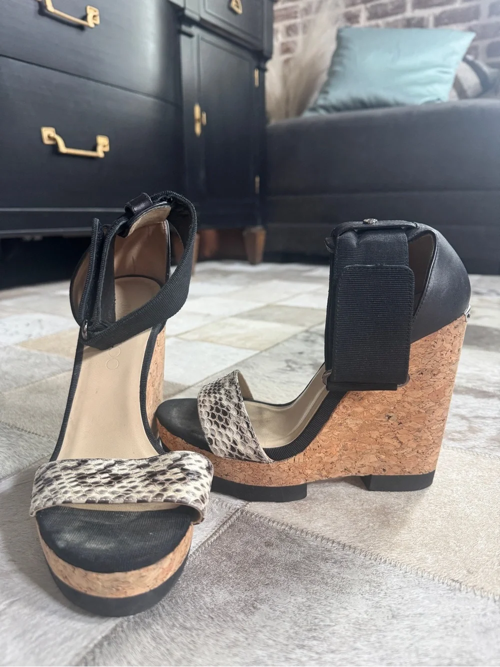 Jimmy Choo Black and Snake-Print Cork Wedge Sandals